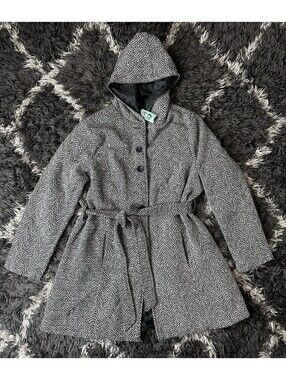 Torrid Womens Coat Size 2 Tweed Hooded Belted Trench Jacket Black White NWT $128